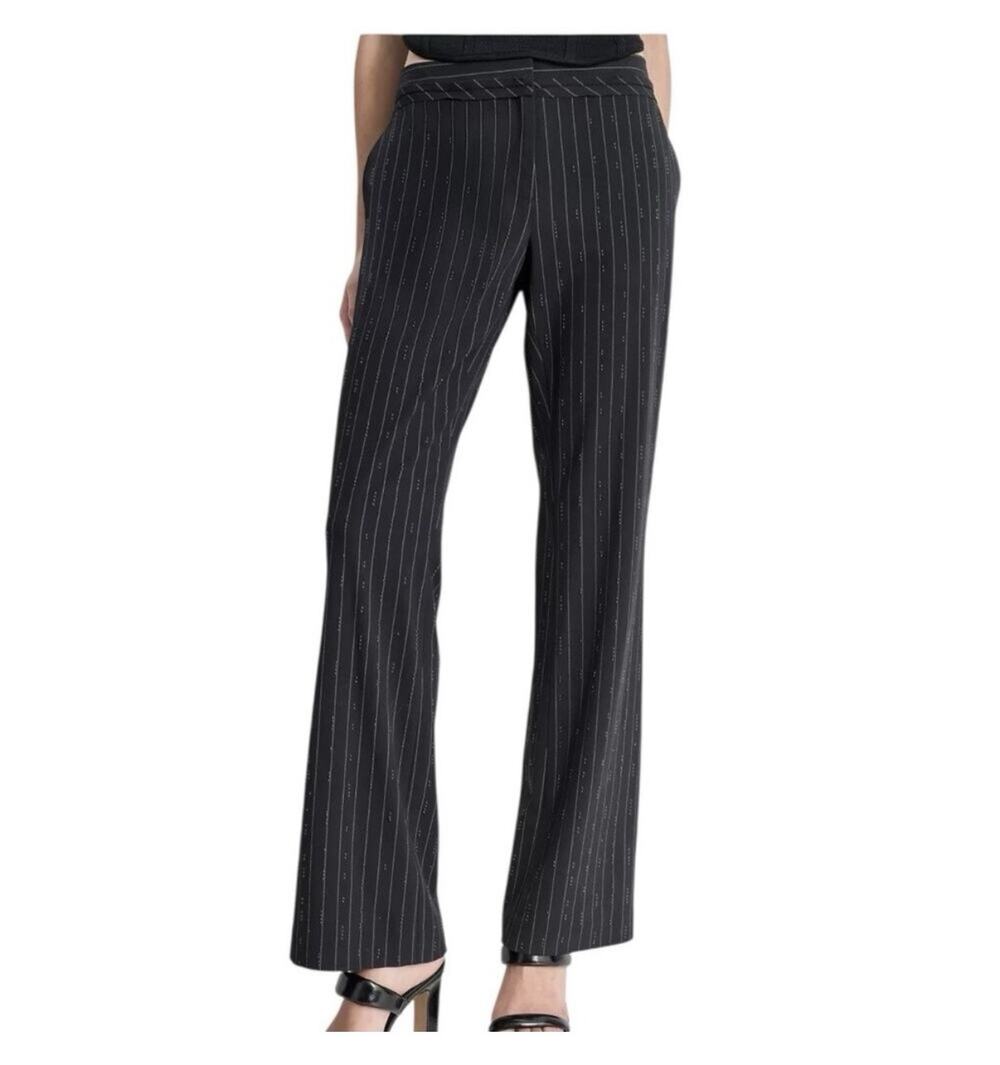 NWT DKNY Sullivan St. Flare Pants Women's Size 2 Black Pinstripe Rhinestone
